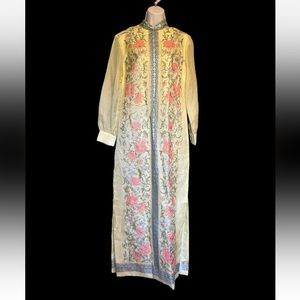 Vintage 60s Alfred Shaheen Floral Yellow Maxi Slit Dress